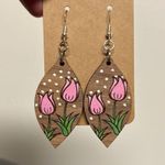 Handmade NWT  Pink Polka dotted Tulip Floral Wooden Painted Earrings Photo 1