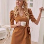 SheIn  V-neck Puff Sleeve Belted Tan/ Brown Mini Dress Photo 1