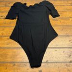 MISSUFE Black Ribbed Puff Sleeve Square Neck Bodysuit Women's Size S Photo 3