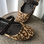 Vintage 100% GENUINE LEATHER fuzzy brown and tan leopard print Mary Jane ballet flats with gold studs ad velcro strap closure Size 6.5 Photo 4