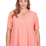 Plus Size Scoop/ V Neck Texture Solid Knit Top With Short Ruffle Sleeves Orange Photo 0