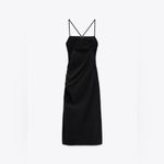 ZARA Draped Ruched Midi Black Dress Front Split Bloggers Size S Photo 7
