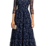 Carmen Marc Valvo Infusion Blue Embroidered Tulle Gown Sequins V-Neck Formal Photo 0