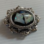 Vintage Baroque Opal Style Glass Brooch Pendant Gold Ornate Frame Pin Victorian Silver Photo 10