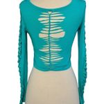 SLIT WEAVE Knotted Long Sleeve Turquoise Crop Top Rave Party Festival Club Sz S Photo 7