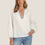 Trovata Birds of Paradis Bailey Long Sleeve White Blouse Top with Blue Ric Rac S Photo 3