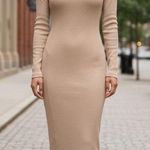Women's Tan Turtle Neck Long Sleeve Mid Length Dress Photo 0