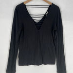 Good Luck Gem  Black Strappy Long Sleeve V-Neck‎ Blouse NWT Size L Photo 0