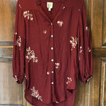 Anthropologie Fig & Flower Top Women Size Medium Maroon Embroidered Tunic Shirt Photo 0