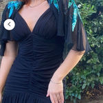 Casadei 1980s Black Ruched Turquoise Sequined Gatsby Deco Flapper Dress Cape 12 Photo 1