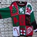 Vintage 90s Holiday Time Christmas Knit Sampler Sweater Tree Candy Cane SMALL Black Photo 1