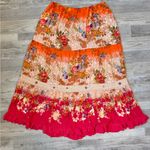 Multicolor Floral Tiered Maxi Skirt Lace Trim, Elastic Waist M20 Orange Size XL Photo 2