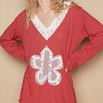 POL  Boho Floral Lace V-Neck Long Sleeve Top Red Patchwork Tee Women’s Size Small Photo 0