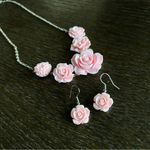 NEW Pink roses fashion Necklace and Earrings set, silver tone chain Photo 7