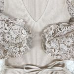 French Connection New  Tan Lace Sleeve Mini‎ Sweater Dress Pleated Holiday Party Photo 7