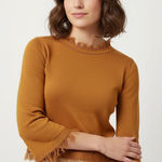 Honey Punch  Mustard Yellow Split Back Fringe Trimmed 3/4 Sleeve Blouse Size XS Photo 0