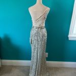 Mac Duggal NWT One Shoulder Lace Up Back Sequin Gown Nude Silver Formal Size 4 Photo 4