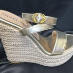 Stuart Weitzman $550 Alex Platform 5.5" Wedge WOVEN RAFFIA GOLD LEATHER Size 7 Photo 2