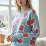 NWT Luna Ivy X Anthropologie Blue Checkered Strawberry Pullover Sweater Farm M Size M Photo 0