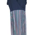 Leota Womens Maxi Dress Faux Wap V-Neck Striped Skirt Stretch Blue Plus Size 1X Photo 0