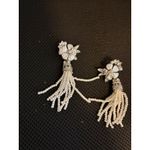 Silver Flower Pearl Tassel Chain Earrings Dangle Drop Photo 1