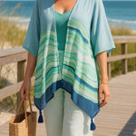 Vince Camuto Wave Stripe Tassel Kimono Cardigan – Blue Green Boho Cover-Up OS Photo 0