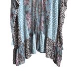 Umgee  Women Kimono Cardigan S/M Blue Mixed Print Ruffle Hem Boho Artsy Patchwork Photo 2