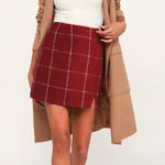 Lulus  Spence Wine Red Plaid Mini Skirt Chic Retro A-Line Wool-Look Stylish Sz L Photo 0