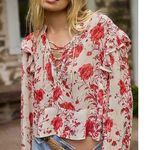 Maeve Floral Print Long-Sleeve Lace-Up Ruffled Sheer Blouse White Red Small P Photo 0