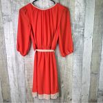 Sweet Storm  Small Orange & Tan Chiffon Lined Dress Stretch Waist 3/4 Sleeves Photo 1