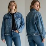 O&O Blue Paint Splatter Cropped Denim Jacket Size Large Casual Denim Jacket Photo 1