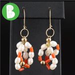 GENUINE CORAL & PEARL W/14K BEADING VINTAGE DANGLE EARRINGS WITH METAL HOOKS White Photo 1