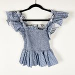O.P.T Alana Cotton Poplin Smocked Bodice Ruffle Sleeve Blouse Shirt Top Blue XS Photo 0