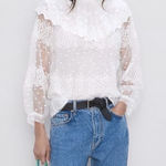 ZARA  Sheer Lace Victorian Blouse White High Neck Ruffle Collar Size M‎ Photo 0