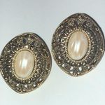 Vintage Brass/ Darker Gold Tone Filigree Faux Pearl Pierced Earrings Photo 0