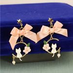 Gold Plated Cute Pink Big Bowknot Drop Earrings‎ Hollow Out Flower White Cat Photo 8