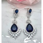 None Runway Statement Drop Chandelier Earrings Silver Tone & Blue Crystal Formal Prom Photo 3