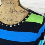 Ruby Rd. Beaded Neckline Striped Shirt Teal Lime Black Small Blue Photo 4