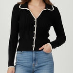 Lulus Black Ribbed Collared Button Up Cardigan Sweater Cream Trim Size M Photo 0