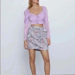 ZARA  | Purple Floral Ruched Ruffle Jacquard Party Mini Skirt Size Small S Photo 3