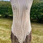 Origami Crochet & Lace Vest with Fringe, Boho Country Coachella, size S/M Tan Photo 0