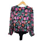 ASTR NWOT Women's Floral Long Sleeve V-Neck Bodysuit Blouse Size M Black Photo 3
