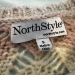Northstyle women’s Sz: S Striped Open Knit Bell Sleeve Crew Neck Sweater. Pink Photo 5