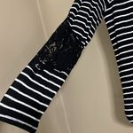 ZARA  Top Sz L Black/White Stripes Linen Blend Long Sleeves Lace Detail Photo 3