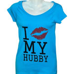 Vintage I Love My Hubby One Size Stretch Grip Brand Short Sleeve Graphic Top Blue Size M Photo 0