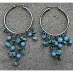 Vintage Silver Hoop Earrings w/Blue & Turquoise Ball Bead Chunks Dangles Blue Photo 9