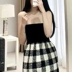 Aritzia Black and White Velvet and Wool Mini A-line Strapless Dress for Casual Night Out Photo 0