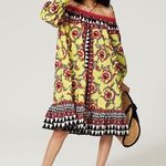 RTR La DoubleJ XS Paloma Yellow Multicolor Print Off Shoulder Shift Midi Dress Photo 0