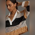 Maeve Anthropologie Lace Long Sleeve Paneled Cropped Rugby Top Black Tan Size S Photo 2