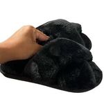 Womens Soft Faux Fur Slippers Plush Slip on Cross Band House Shoes Black Size 6 Photo 0